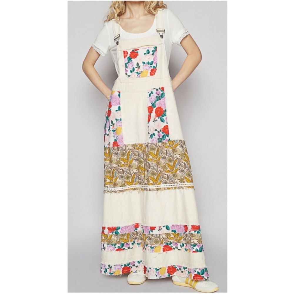 POL Floral Print Frayed Denim Jeans Overalls Dress